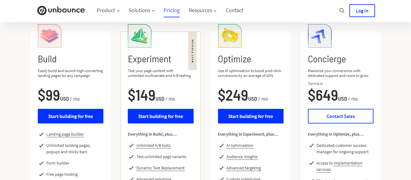 Unbounce vs ClickFunnels - Unbounce Pricing